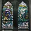 Interior. W wall detail of Mrs Isobel Martin memorial stained glass windows of pastoral scenes by Roland Mitton 1987