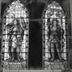 Interior. E wall detail of stained glass windows depicting Courage and Victory 1923