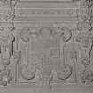 Interior.
Detail of carved overmantle heraldic shield of stair hall fireplace.
