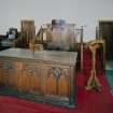 Interior. Detail of communion table and pulpit.