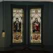Interior. Detail of chancel stained glass windows in memoory of Archibald Finnie of Springhill and of Archibald Finnie of Kilmarnock