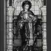 Interior. Detail of chancel stained glass windows in memoory of Archibald Finnie of Springhill and of Archibald Finnie of Kilmarnock