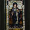Interior. Detail of chancel stained glass windows.Interior. Detail of chancel stained glass windows in memoory of Archibald Finnie of Springhill and of Archibald Finnie of Kilmarnock