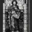 Interior. Detail of chancel stained glass windows in memoory of Archibald Finnie of Springhill and of Archibald Finnie of Kilmarnock