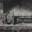 Photographic copy of postcard showing etching of City Churches during fire of 1841.