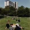 View of George Square Gardens dotted with students lying in the sun with Appleton Tower looming in the distance, seen from the South West.