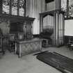 Interior. View showing Organ, Communion Table and War Memorial Screen by P R McLaren 1922.