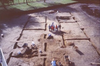 Excavation digital photograph: High level view of hospital building at Doune Roman Fort during excavation