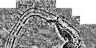 Greyscale image of processed geophysical (fluxgate gradiometry) survey results.