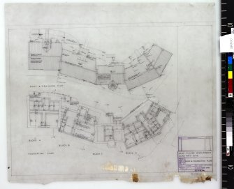 Plans for roof and foundations of blocks A, B, C and D.