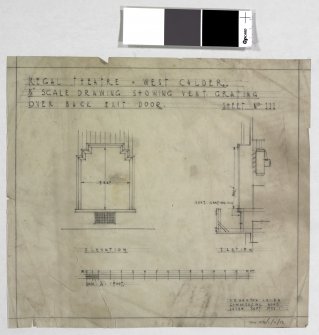 Section and elevation showing vent grating over back exit door.