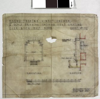 Elevation and section showing vent grating over back exit door.