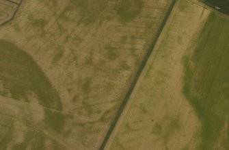 Oblique aerial view of the cropmarks of pit-defined cursus, pits and rig, with pits and macula adjacent, taken from the SW.