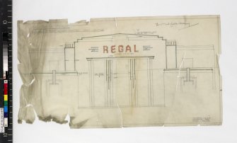 Details of front showing proposed neon lighting.
Drawing before conservation.
