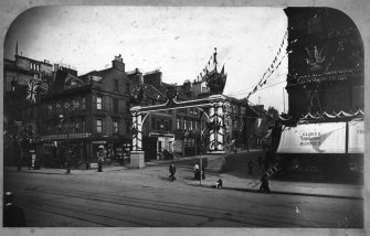 Digital image of historic photograph showing decorations for coronation of Edward VII and triumphal arch to Hanover Street.