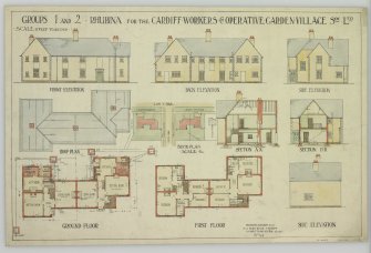 Ex-Scotland. Garden village societies, Wales.
Block plan, plans, elevations and section for groups one and two of houses.
Titled: 'Groups 1 and 2   Rhubina For The Cardiff Workers Cooperative Garden Village Soc. Ltd.'
Insc: 'Housing Reform Co. Ltd.   3 & 4 Park Place Cardiff'.   'A. H. Mottram A.R.I.B.A. Aug 1913.'   'No49'.