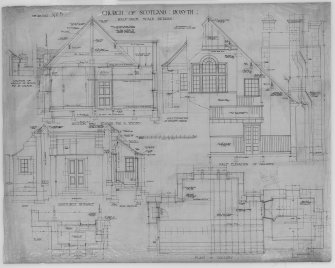 Rosyth, Queensferry Road, Church of Scotland.
Details of entrance, vestry and gallery.
Titled: 'Church Of Scotland   Rosyth'.   'Half Inch Scale Details'.
Insc: 'Drawing No.5'.   '59 Frederick St.   Edinburgh   June 1929'.