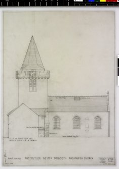 Section thro' Town Hall and S. elevation of Church
Anstruther Wester Parish Church & Tolbooth
Delt. M.J.Bett (Dundee)
Measured by M.J.Bett, N.H.Cullen, W.H.Small
August 1946