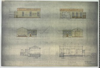 Rosyth, Queensferry Road, Church of Scotland Church Hall.
Elevations and sections.
Titled: 'Rosyth   Church Hall'.   'Eighth inch sections and elevations of new building'.
Insc on verso: 'Approved by S.N.H.C.'.
Stamped: 'A. H. Mottram & Son F./A.R.I.B.A. A.M.T.P.I.   Chartered Architects & Planning Consultants   14 Frederick St.   Edinburgh'.