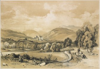 Lithographic view of old Balmoral castle with shepherd and sheep in foreground.