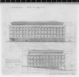 Digital image of drawing showing elevation to George Square and elevation to North Hanover Street.
Insc.  'George Square Glasgow.   Proposed  office development for Alex Lawrie Estates.    Nov. 73'.