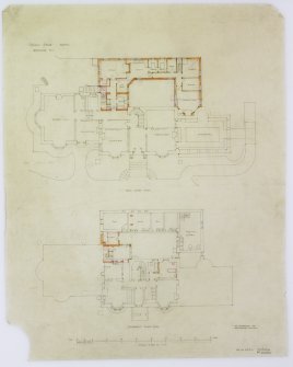 Digital copy of drawing of Ratho, Ashley House.
Basement and ground floor plans.
Titled:  'Ashley House  Ratho. Drawing No 1.'
Insc:  '14 Frederick St.  Edinburgh  July 1920.'