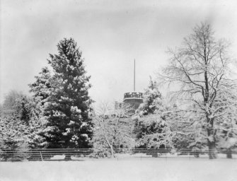 View of Inchrye Abbye tower beyond the trees in snow.