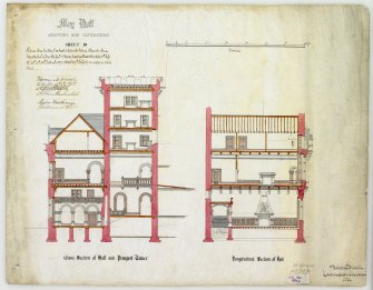 Drawing showing cross section of hall and Prospect Tower, and longitudinal section of Hall with additions and alterations 
(Alexander Ross) 9 Union Street, Inverness 1872