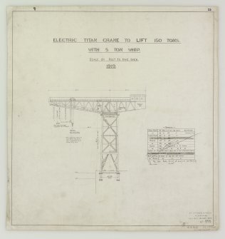 Elevation, notes, North British Diesel Engine Co. Cantilever Crane
Insc: 'Electric Titan Crane to lift 150 Tons with 5 Ton Whip'
See MS/744/7/6	
Signed: 'Civil Engineering Dept.'
