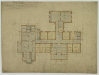 Digital image of drawing showing plan of basement, signed and annotated as approved by the Dean of Guild Court.
Titled: 'Hotel At Dunbar For Mrs. Fleck'.
Insc: 'No.1'.   '94 George Street   Edinburgh   July 1895'.
Insc on verso: 'Edinburgh   January 1896   Subscribed with reference to contract between us'.
Signed on verso: 'Helen Fleck'   'Peter Whyte'.

