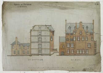 Digital image of drawing showing cross section and East elevation.
Titled: 'Hotel At Dunbar For Mrs. Fleck'.
Insc: 'No.10'.   '94 George Street   Edinburgh  Nov. 1895'.
