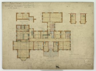 Digital image of drawing showing plan of ground floor, signed and annotated as approved by the Dean of Guild Court.
Titled: 'Hotel At Dunbar For Mrs. Fleck'.
Insc: 'No.2'.   '94 George Street   Edinburgh   July 1895'.
Insc on verso: 'Edinburgh   January 1896   Subscribed with reference to contract between us'.
Signed on verso: 'Helen Fleck'   'Peter Whyte'.




