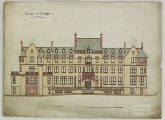 Digital image of drawing showing front elevation.
Titled: 'Hotel At Dunbar For Mrs. Fleck'.
