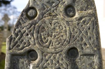 Churchyard. Pictish cross slab. SE Face. Detail