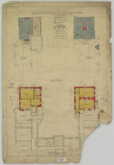 Drawing showing roof and first floor plans. 
Titled: 'Plan of proposed additions to Moy Hall'.
