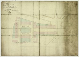 Digital image of drawing showing street and block plan with layout of feus.
Insc: 'Copy  Ground or Feuing Plan  of  the Lands of Kirkbraehead  Belonging to  John Learmonth Esquire  1836'.