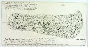 Digital image of pen and wash illustration of plan of long cairn at Oliquoy , labelled 'No. 21'; scale 1 inch to 8 feet [1:96]