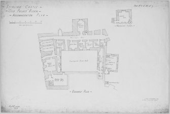 Basement plan of accomodation.
Insc: 'Stirling Castle - 'Old Palace' Block - Accomodation Plan', 
'Lieut Col R.E. C.R.E. Highland Area.'

