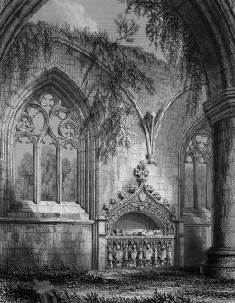 Dunkeld, Dunkeld Cathedral, interior.
View of South aisle of nave, including Wolf of Badenoch's Tomb.
Titled: 'Dunkeld Cathedral South Aisle of the Nave.' 'Drawn by R.W.Billings  Engraved by G.B.Smith  Edinburgh Published by William Blackwood & Sons'