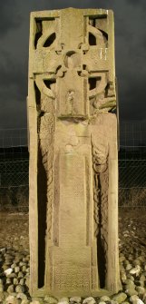 View of front face of slab with full length cross and interlace decoration