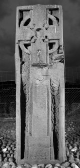 View of front face of slab with full length cross and interlace decoration (B&W)