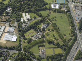 General oblique aerial view of the park and house with the pavilion adjacent, taken from the E.