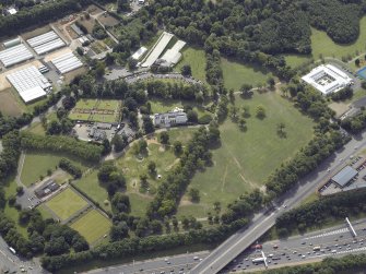 General oblique aerial view of the park and house with the pavilion adjacent, taken from the NE.