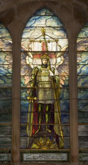 View of East stained glass window, showing St Michael by Louis Tiffany in memory of Percy Forbes Leith 1900, at St Peter's Church, Fyvie.