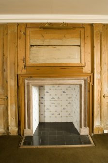 Interior. Ground floor, S room, view of fireplace