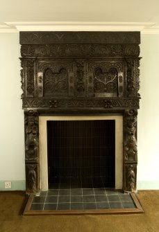 Interior. 1st floor, S room, view of fireplace with overmantle (originally in Cardiff Castle)