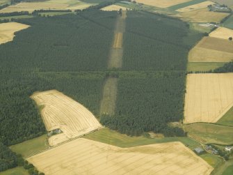 Oblique aerial view centred on the cropmarks and the remains of the cursus monument, taken from the SE.