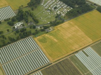 Oblique aerial view centred on the cropmarks of the rig, quarry and enclosure with the country house adjacent, taken from the ESE.