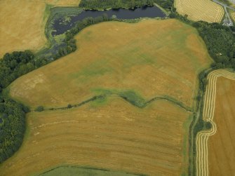 Oblique aerial view centred on the cropmarks of the settlement and enclosure, taken from the WSW.