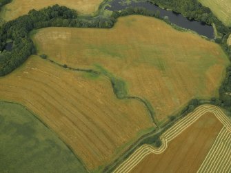 Oblique aerial view centred on the cropmarks of the settlement and enclosure, taken from the SW.